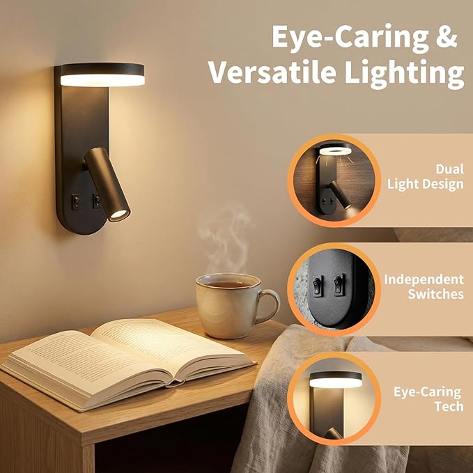 Wall Mounted Reading Lights for Bedroom - Independent Switch, 350° Adjustable Bedside Lamps Set of 2, Hardwired Installation LED Wall Sconces for Living Room, Study Room (Black, 8.65")