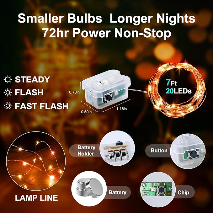 Aogist 100 Pack Fairy Lights 3 Modes 7ft 20 LED Waterproof,Battery Operated Silver Wire Firefly Starry Moon Mini String Lights for Mason Jars Christmas DIY Crafts Wedding Party Bedroom,Orange
