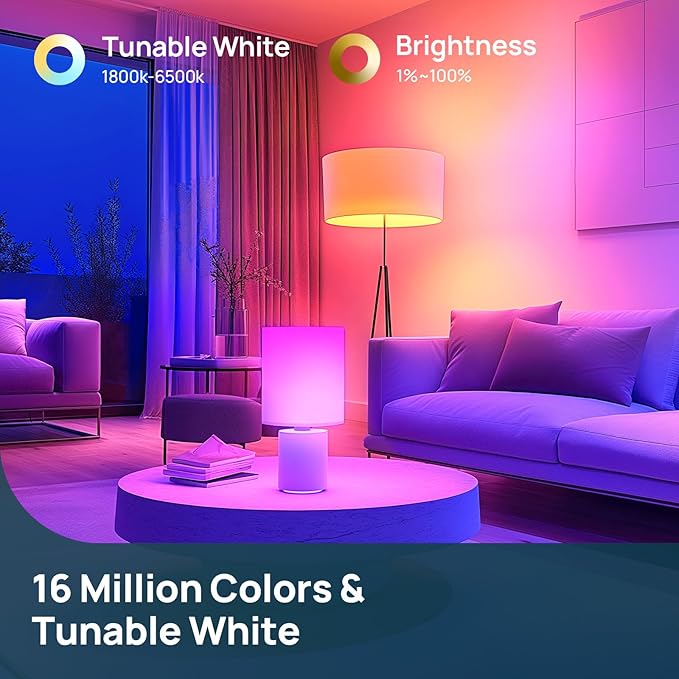Linkind Smart Light Bulbs, 1600LM (100W Equivalent) Smart Bulb, Work with Alexa & Google Home, RGBTW Color Changing Bulb Music Sync, 2.4GHz Wi-Fi & Bluetooth, LED Alexa Light Bulbs 14W, A21 E26, 4Pack