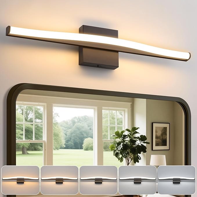Modern Bathroom Vanity Light 24 inch, Curved, Dimmable 5CCT Led Bathroom Light Fixture Over Mirror, Black Bar Vanity Light for Bathroom Mirror Cabinets-ETL Certificated Modern LED Vanity Makeup Lights