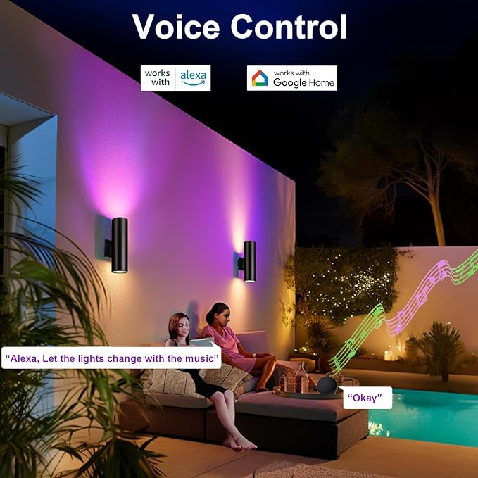 Modern Up and Down Lights Outdoor Wall Sconce, APP Control Color Changing RGB+CCT Outdoor Wall Light for House and Garage, Exterior Light Fixture Cylinder Wall Mount with Smart Bulb (2 Pack)