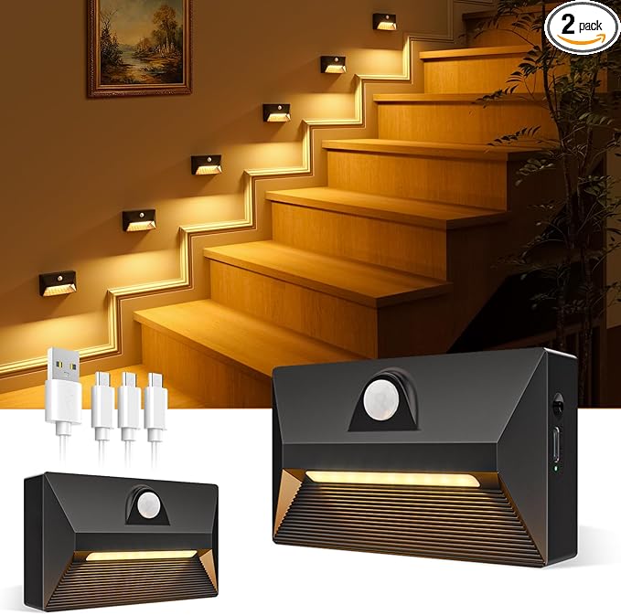 VOLISUN Motion Sensor Stair Light Rechargeable 2 Pack, Night Lights 3 Modes & 3 Color Temperatures, Magnetic Rechargeable Stick-On Lights for Stairs, Hallway, Cabinet(Black)