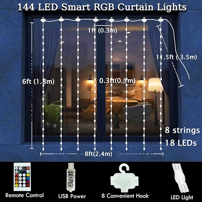 Smart Curtain Lights RGB Color Changing Christmas Curtain Lights, USB Powered with Remote/APP Control Curtain String Lights Waterproof for Backdrop,Bedroom,Window,Patio,Wedding,Decoration (8Ft x 6Ft)