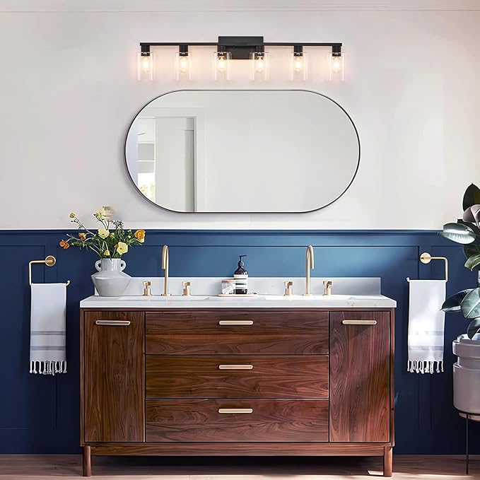 6-Light Bathroom Vanity Light Black Vanity Lights for Bathroom Light Fixtures Matte Black 6 Light Fixtures with Clear Glass Shades for Bath Over Mirror