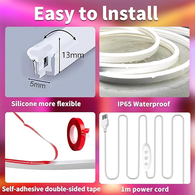 YeewhaleNeon Rope Lights，10ft RGB LED Strip Lights with App Control,Music Sync Flexible DIY Design 5V Neon Lights for Bedroom,Living Room,Gaming,and Party Decoration(with Adhesive Backing)