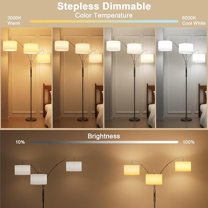 36W Dimmable Floor Lamp - 3 Lights Arc Floor Lamps Standing Lamp with Remote & Touch Control, Tall Lamp for Living Room Corner, Bedroom, Office