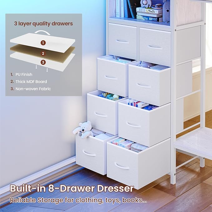 ADORNEVE Twin Size Loft Bed with Desk, 11 Storage Drawers & RGB LED Lights, Metal Loft Bed with Power Outlet, Shelves & Clothing Rack, 13.4" H Safety Guard & Paded Ladder, White