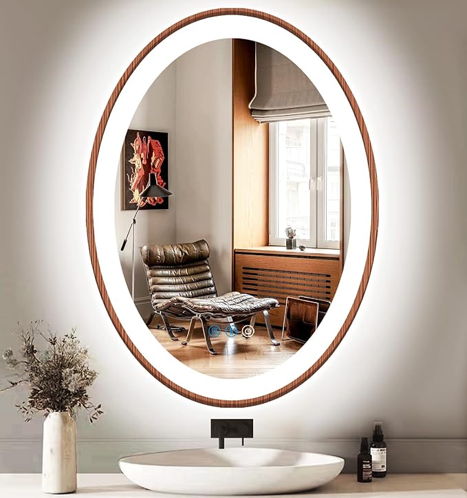 20 x 30 Inch Bathroom LED Oval Wood Mirror with Light Wood Frame Oval Lighted Vanity Mirror with Lights for Bathroom Wall Mounted Smart Memory 3 Color Dimmable AntiFog Wooden Grain