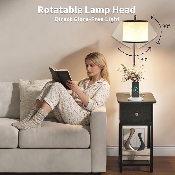 Floor Lamp with Table, Side Table with LED Light and Charging Station, Narrow End Table with Lamp Attached, Nightstand with Storage Drawer for Living Room, Bedroom, Black