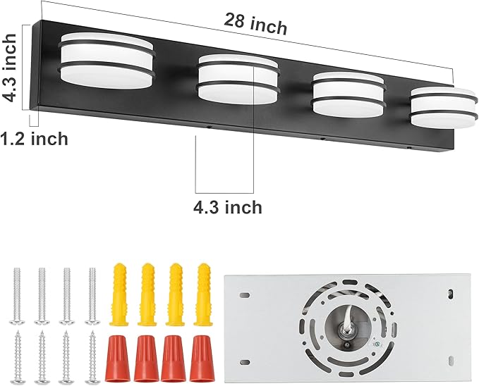 3 Color Temperature Dimmable Bathroom Light Fixtures Over Mirror, LED Black 4 Light Vanity Lighting Fixtures, Acrylic Stainless Steel Oval Shade Vanity Lights for Bathroom, ETL Certificated