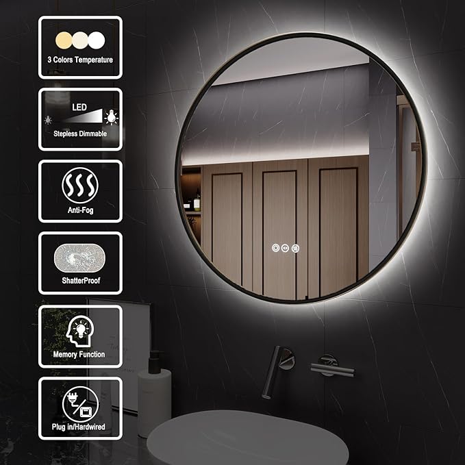 Round Bathroom Mirror with Lights, 28x28 Inch Vanity Mirror with Backlit, Anti-Fog, 3 Colors and Stepless Dimmable Wall Mounted Makeup Mirror with Metal Frame (Black)