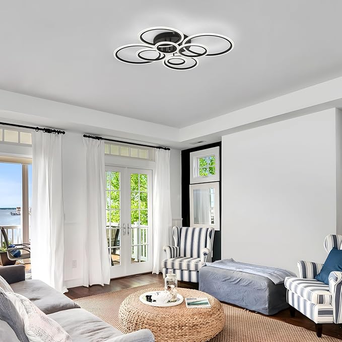 Vikaey Modern LED Flush Mount Ceiling Light, 8 Rings Black Close to Ceiling Light Fixtures, Living Room Lighting Ceiling Lamp for Dining Room, Bedroom, Kitchen, 4000K Not Dimmable