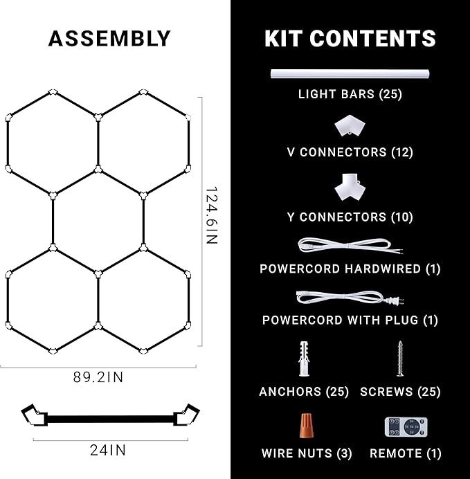 PARMIDA Hexagon LED Garage Lights, Ultra Bright 250W, 25000LM, ETL/FCC, 5 Color Selectable, Honeycomb Modern Ceiling Lighting System for Garage, Workshop, Gym, Shop, Basement (25 Pack, 5 Grids - 5CCT)
