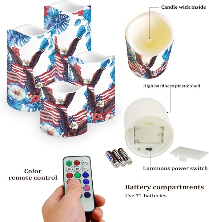 USA Flag Flameless Candles Bald Eagle Tropical Flowers Flameless Candle with Remote Timers for Lights Patriotic Independence Day Lamp for Home Dinner Table Garden Tea Party, 4 Pack
