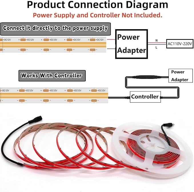 IP65 COB LED Strip Light, 480LEDs/m High Density Red, 16.4FT DC12V Flexible Cuttable CRI90+ Uniform No-Spot Lighting for Kitchen,Bathroom&Under Cabinet, Home DIY Lighting Projects(No Power Supply)