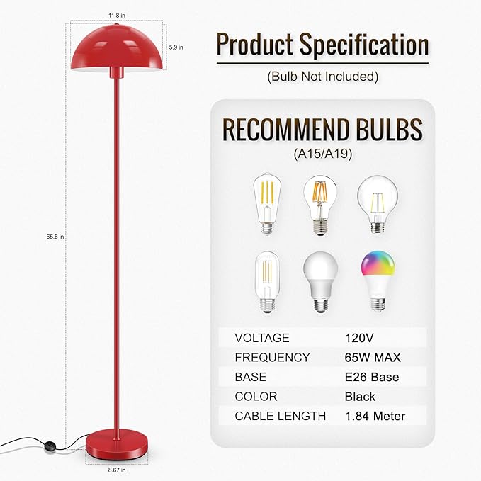 Modern Floor Lamps for Living Room, Red Metal Mushroom Lamp, 66" Tall Corner Lamp, Footswitch, Bright Industrial Standing Lamps for Bedroom Nursery, Mid Century Modern Home Decor(E26 Base, NO BULB)