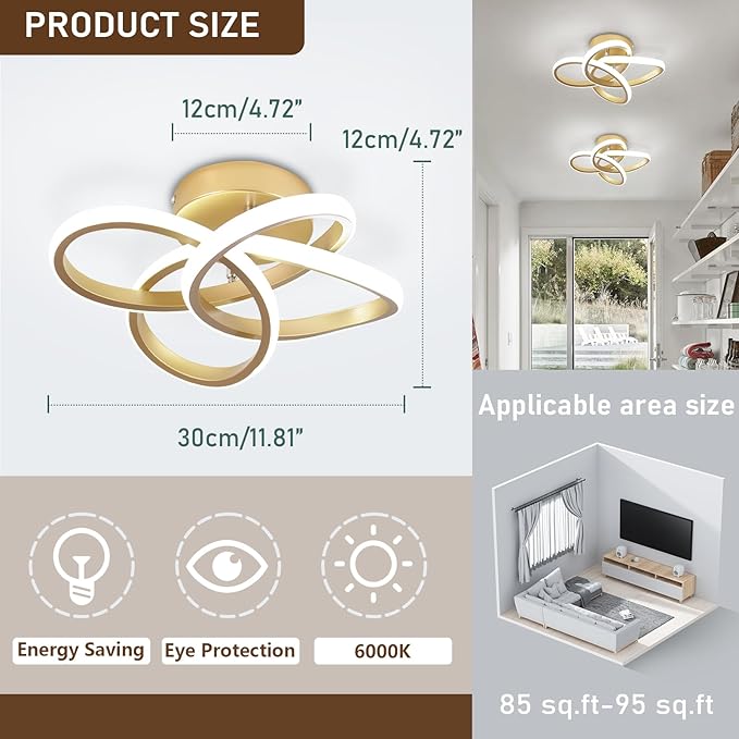 CANEOE Gold Led Hallway Light, 6000K Modern Led Ceiling Light Fixture, Small Close to Ceiling Lamp for Hallway Corridor Closet Bedroom Bathroom Kitchen Stair Curved Design