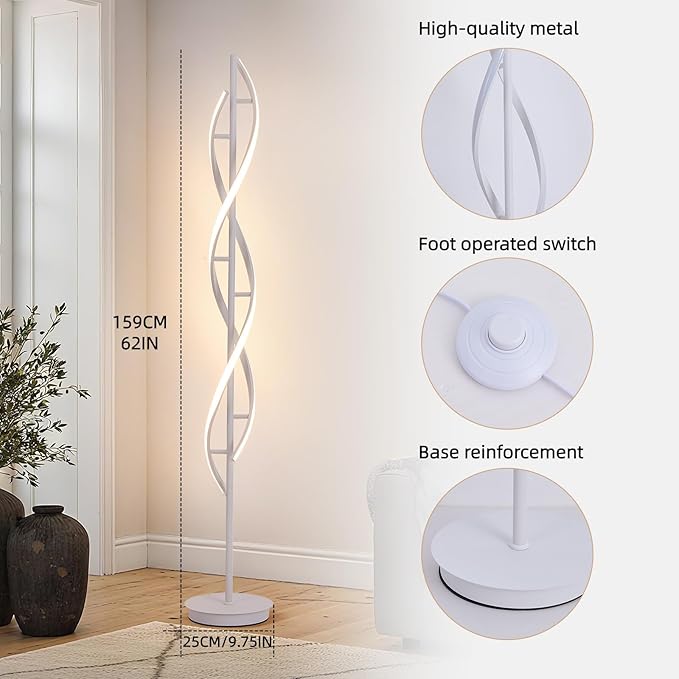 Unique Spiral Floor Lamp for Living Room Modern LED Floor Lamp with Remote Control 3 Color 62Inch Dimmable White Floor Lamp Temperature Corner Floor Lamps for Bedroom Office
