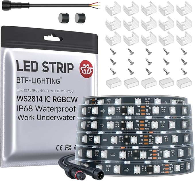 BTF-LIGHTING IP68 Waterproof Outdoor WS2814 RGBW IC LED Strip RGB+Cool White(6000K) Addressable Dream Color 5050SMD Light DC24V 16.4ft 60LEDs/m 10Pixels/m Can Work Outdoor(No Adapter or Controller)