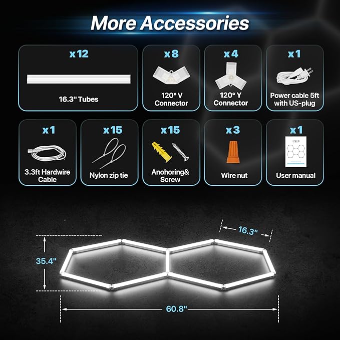 HYPERLITE Gen 2 Hexagon Garage Lights: 77W 7700LM 2 Grids DIY Hexagon Led Light, 6500K Ultra Bright Honeycomb Hex Lights, Easy Install, Durable Design for Garage, Shop, Basement, Barber, Homegym