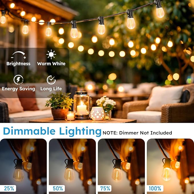 LED Outdoor String Lights, 100FT Waterproof Patio Lights with 32 Shatterproof S11 Plastic Bulbs, 2700K Warm White Edison Hanging Lights for Backyard, Garden, Porch, Bistro