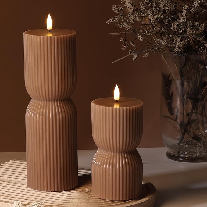 Warm Brown Ribbed Flameless Pillar Candles with Remote, Real Wax Flickering Battery LED Candles Christmas Decor Gift Set of 2