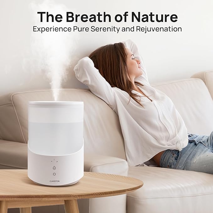 Clarston Humidifiers for Bedroom, 2.5L Cool Mist Humidifier with Essential Oils Diffuser and Nightlight, Top Fill Humidifiers for Home Large Room, Timer, Auto Shut-off, 25H Runtime