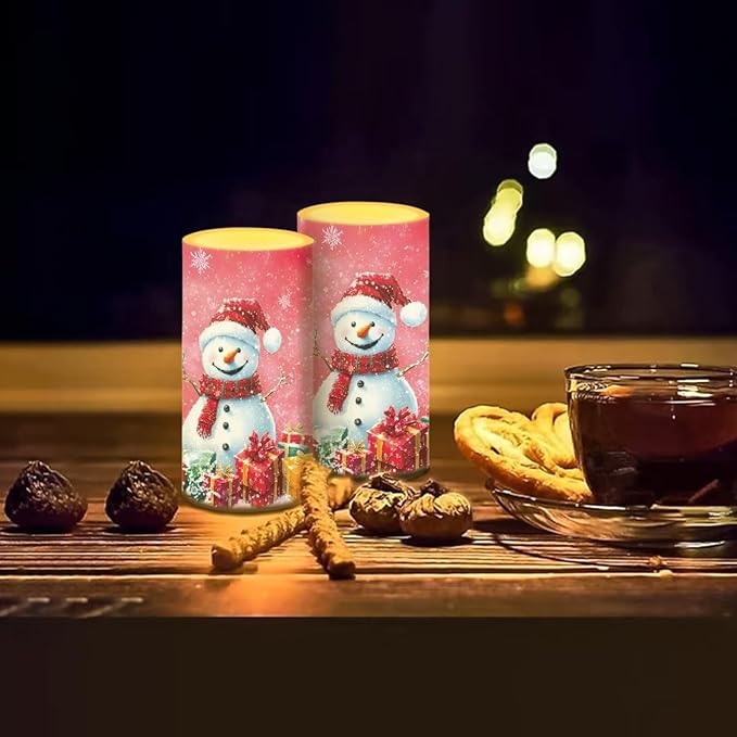 Flameless Pillar Candles Christmas Decorations Snowman Pink Snowflake Flameless Candles with 18-Key Remote Timer for Home Bedroom Living Room Dining Room Table Decorations Set of 2