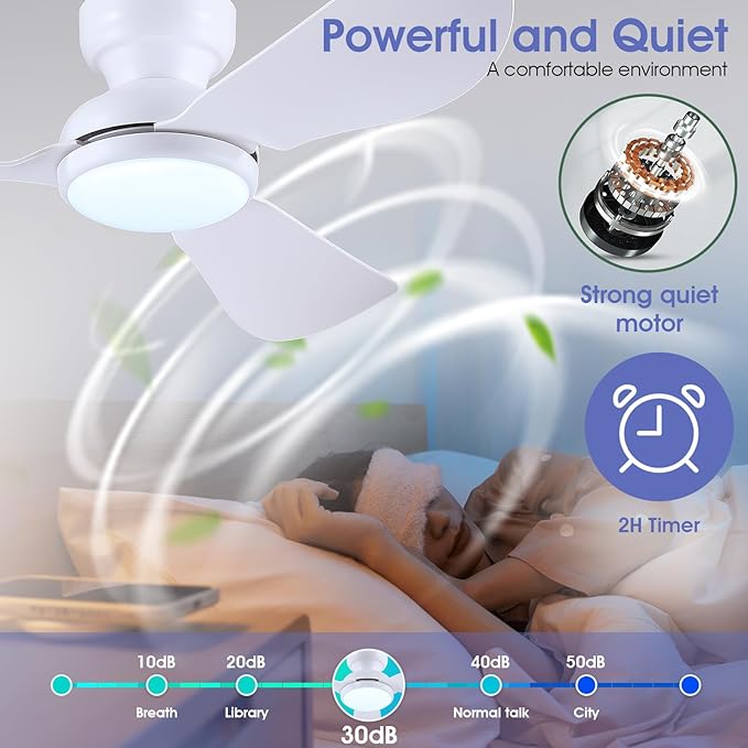 46 Inch Ceiling Fans with Lights, Small Flush Mount Ceiling Fan, Remote/APP Control, 3 Reversible Curved Blades, 6 Speeds, 3 CCT Dimmable Lights for Bedroom, White