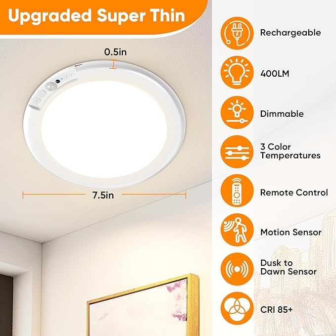 Rechargeable Motion Sensor Ceiling Lights with Remote, Battery Operated Ceiling Lights No Wiring, Wireless 3 Colors Dimmable Overhead Lamps for Closet Shower Shed Hallway, 4-Pack