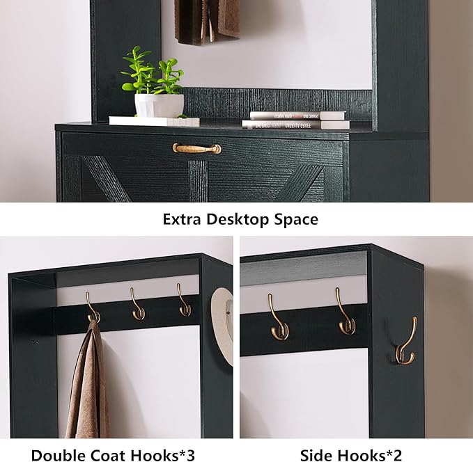 Betoko Hall Tree with Shoes Storage,Farmhouse Corner Coat Rack with 5 Coat Hooks, Wooden Entryway Tree Cabinet with 2 Shoes Cabinets for Hallway Mudroom, Black
