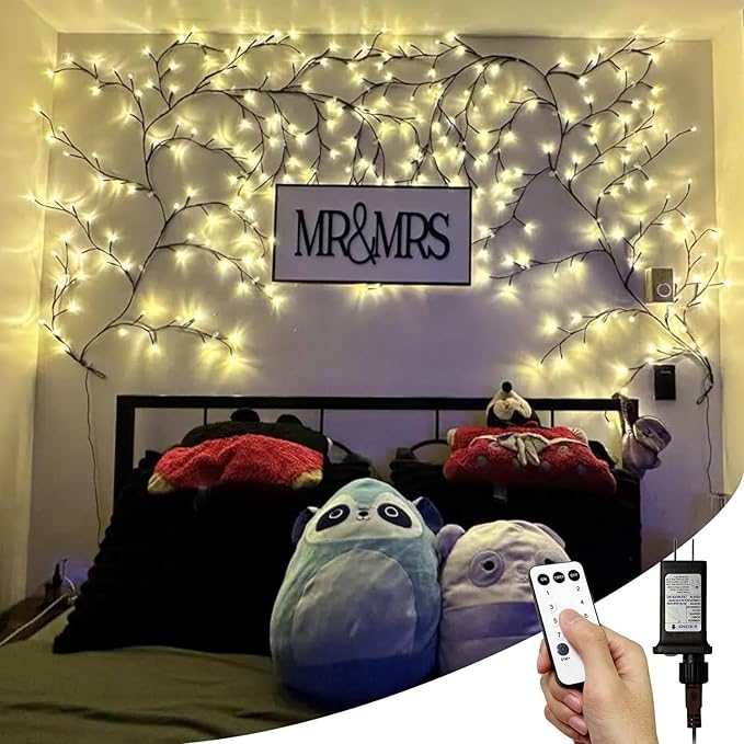 Enchanted Willow Vine Lights with Remote, 18 Branches 144 LEDs Lighted Willow Vine for Wall Decor, Indoor Christmas Swags Decorations for Bedroom, Living Room & Home Decor