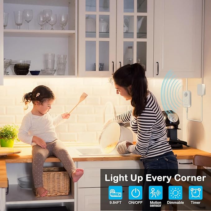 Motion Sensor Lights Indoor Plug-in LED Step Lights Strip with Power Timer Dimmer Multi-Functional Controller for Stairway Kitchen Cabinet Bedroom Corridor Washroom Counter Shelf Showcase