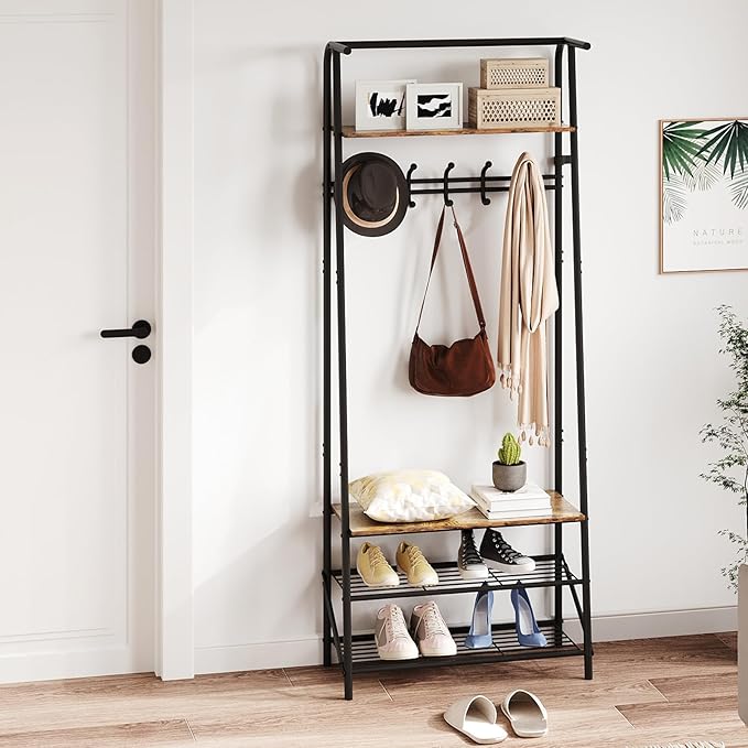 25" Coat Rack Hall Tree with Hooks, 4-Tier Shelf Entryway Storage Hall Tree Freestanding Metal Frame Multifunctional Hallway Organizer, Accent Furniture for Bathroom, Shoe Bench Entryway