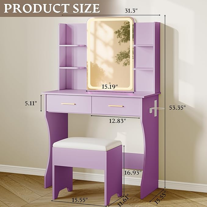 Makeup Vanity Desk with Mirror & Lights, Small Vanity Table Set for Girls with Chair & Power Outlet, Modern Dressing Table with 2 Drawers & 4 Storage Shelves, Adjustable RGB Lighting - Purple