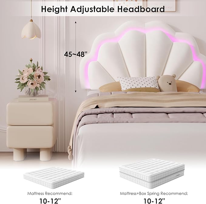 HIFIT Twin Upholstered Smart LED Bed Frame with Storage Drawer and Adjustable Chic Double Petal Headboard, Princess Platform Bed for Girls/Kids, Solid Wood Slat Support/No Box Spring Needed, Beige
