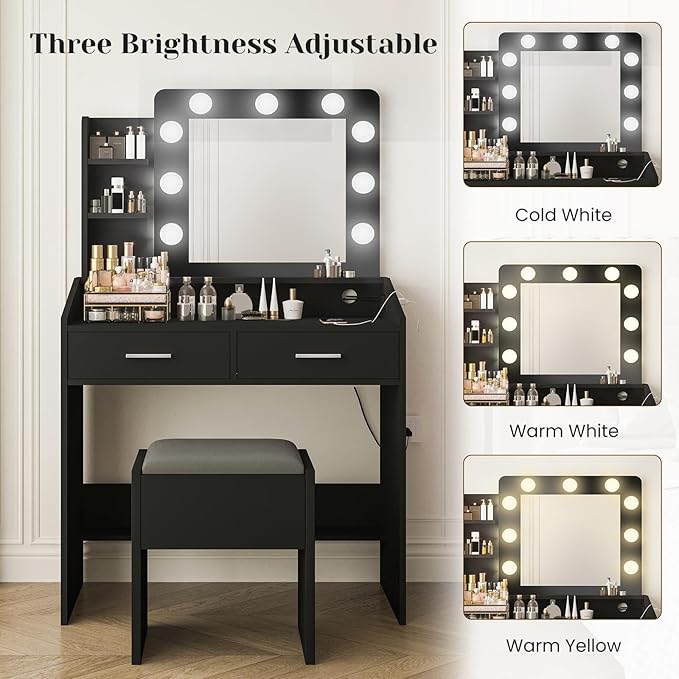 Vanity Desk with Lights and Mirror - Makeup Vanity Set with Power Outlet & USB Ports, 3 Lighting Modes, Adjustable Brightness, Includes 2 Drawers and Cushioned Stool, Small Dressing Table for Bedroom