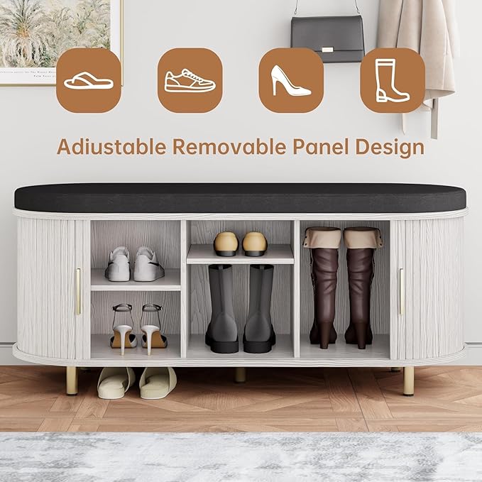 Entryway Bench with Storage: 43.31" Wooden Bedroom Shoe Bench with Thickened Padded Seat Cushion, Mid Century Modern Fluted Sliding Door and Adjustable Shelf, for Entryway, Living Room