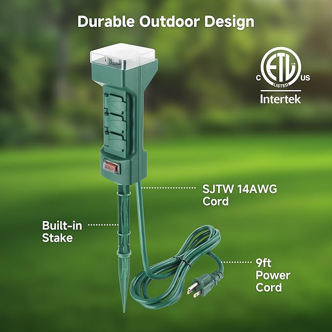Cable Matters [ETL Listed] 6-Outlet Outdoor Power Stake Timer with 9ft Cord, Weatherproof Outdoor Power Strip with Timer