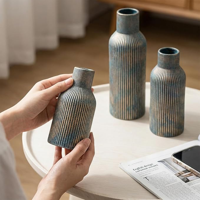 Ceramic Ribbed Vase Set of 3, Modern Farmhouse Decorative Vases in Vintage Blue, Assorted Sizes (5.9"/7.8"/9.8") for Pampas Grass, Living Room, Shelf and Table Centerpiece