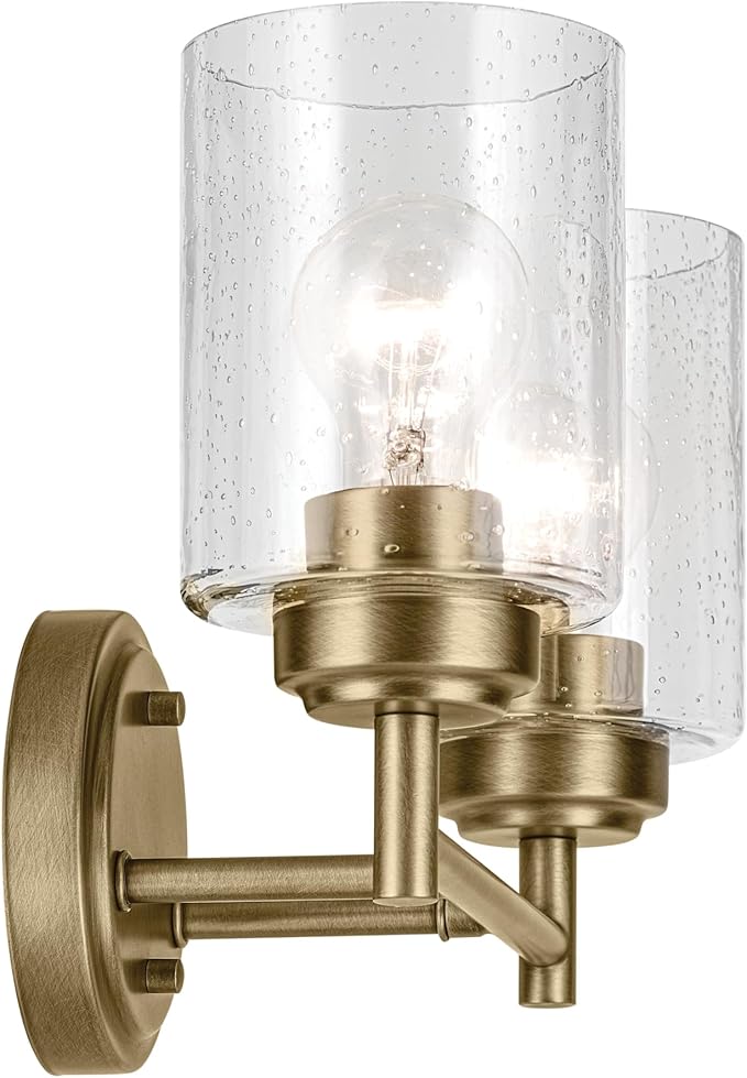 Kichler Winslow 13" 2-Light Vanity Light with Clear Seeded Glass in Natural Brass for Bathroom Vanity, Luxe Industrial, (13" x 9.25"), 45885NBR