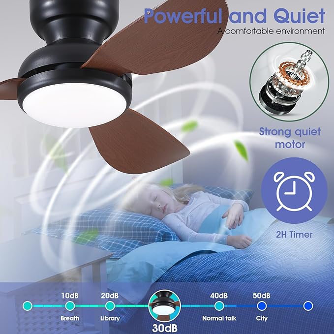 36 Inch Ceiling Fans with Lights, Small Flush Mount Ceiling Fan, Remote/APP Control, 3 Reversible Curved Blades, 6 Speeds, 3 CCT Dimmable Lights for Bedroom Kids Room, Brown