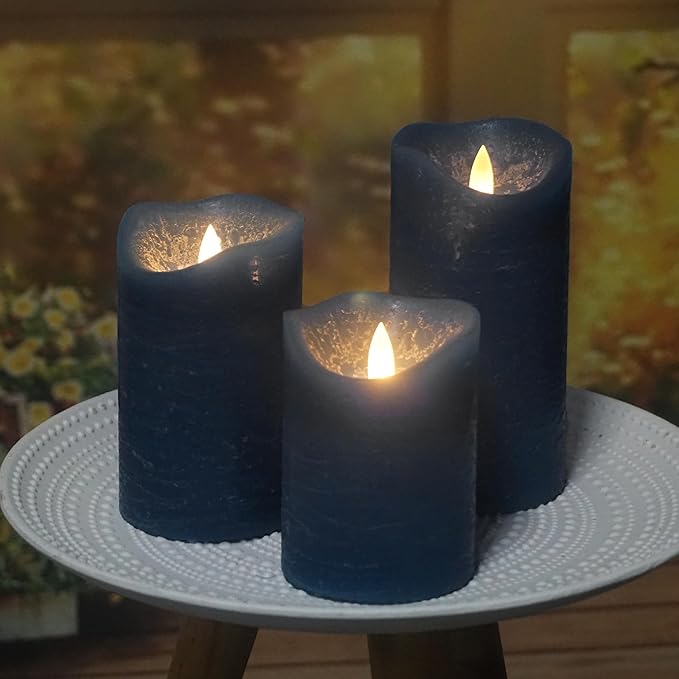 CANDLE CHOICE Real Wax Battery Operated Flameless Candles with Remote Automatic Cycle Timer Realistic Flickering Electric LED Pillars Wedding Party Holiday Decorations 3 Pack Rustic Texture Navy Blue