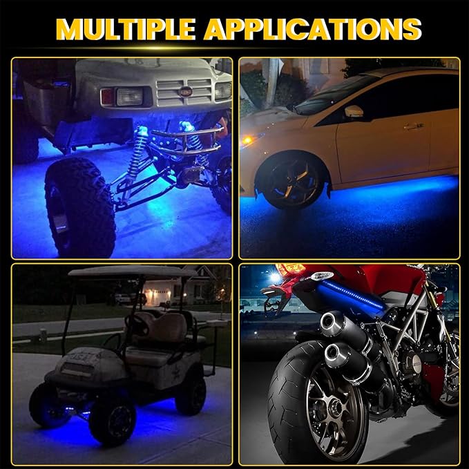 YM E-Bright Upgrade Blue Golf Cart Lights Car Underglow Led Strip Lights for Marine Boat Deck Motorcycles Kayak Interior Exterior 5050 Chipset 15SMD Waterproof IP67 DC 12V(Pack of 4)