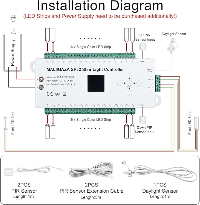 Motion Sensor LED Stair Controller, 32 Channel PIR Motion Sensor Dynamic Staircase Running Flow Light Automatic Stair Lighting Controller for Stairway Step Light Indoor (Not Including Strip)
