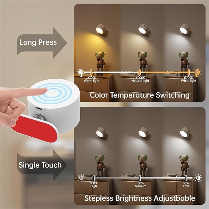 3PACK Romote LED Wall Sconce - Rechargeable Wall Light, 3 Colors & 3 Brightness Levels, 360° Magnetic Rotating Head, Bedside Reading Lamp, Easy Install Battery Operated Lamp White