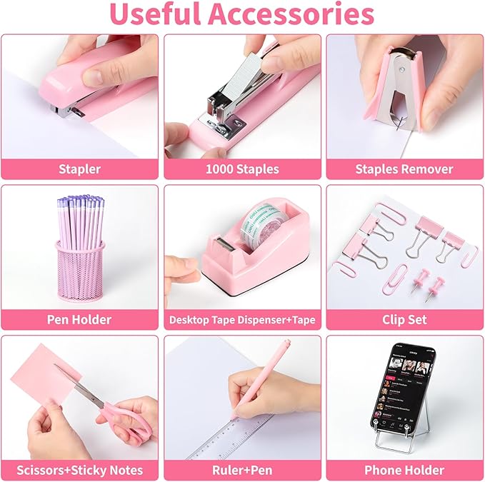 Pink Office Desk Accessories and Organizers, Office Supplies for Desk for Women, Stapler, 1000 Staples, Staple Remover, Phone Holder, Tape Dispenser, Pen Holder, Sticky Note, Clips, Ruler, Etc