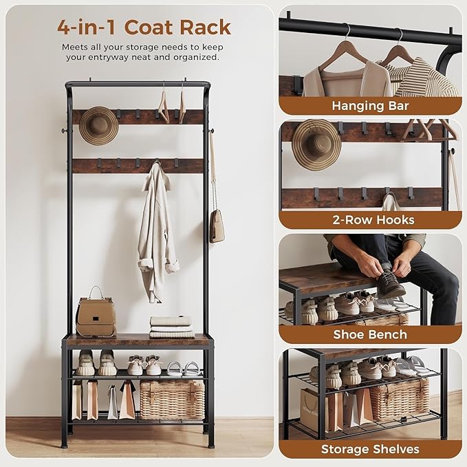 NEWBULIG Hall Tree with Shoe Bench and Coat Rack, 4-in-1 Entryway Organizer with 10 Hooks and Storage Shelf, Rustic Wood Finish Entryway Bench for Mudroom, Living Room, Bedroom