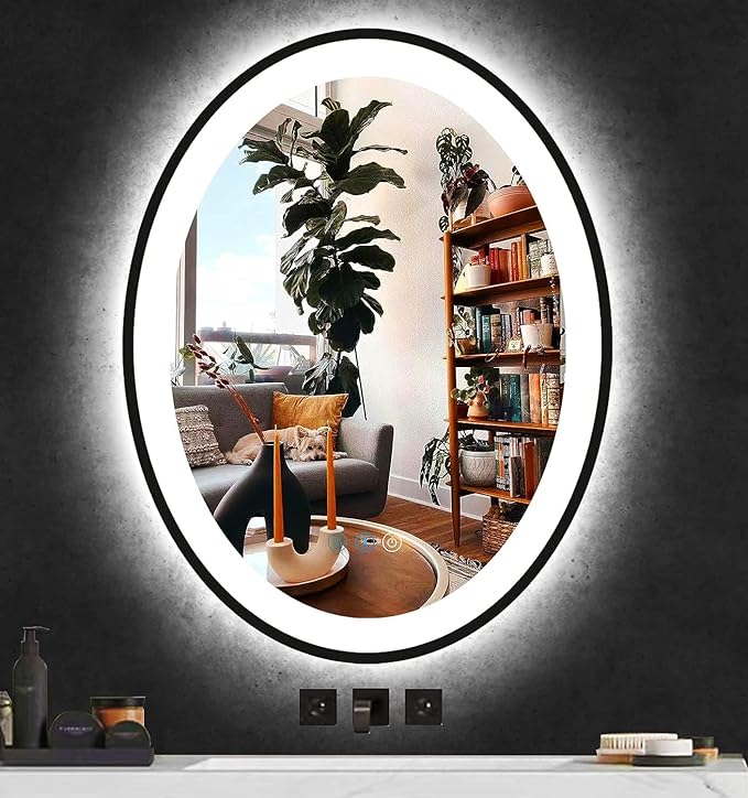THEKLA 20 x 30 inch Black Framed Oval LED Mirror for Bathroom Wall Oval Lighted Vanity Mirror with Lights Black Frame Smart Memory 3 Color Dimmable Front Lit Anti-Fog 30" Black Ovals Light up Mirrors