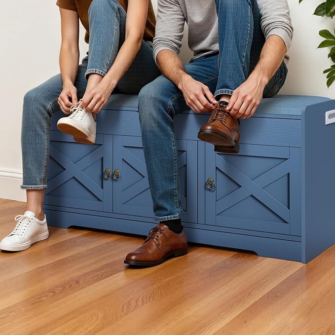 Farmhouse Shoe Storage Bench with Cushion Seat, 3-Tier Entryway Bench with Lift Top Storage and Adjustable Shelf, Bench for Hallway, Bedroom, Blue